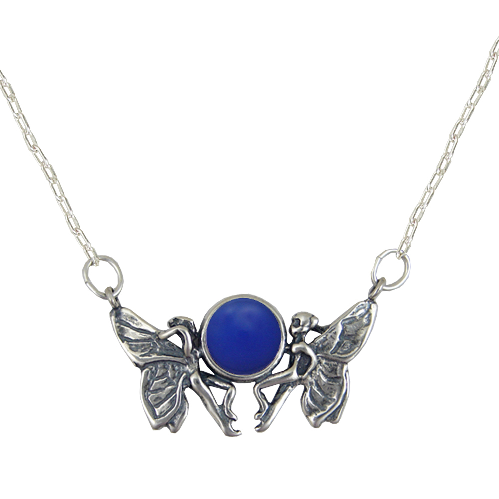 Sterling Silver Pair of Fairies Necklace With Blue Onyx